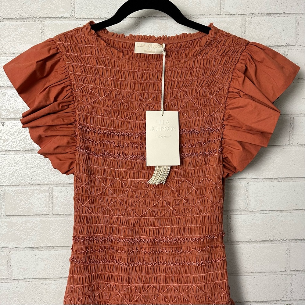 Ulla Johnson Midi Dress Smocked Cotton Poplin Madeline Clay size 8 FA220150 New - Picture 6 of 15